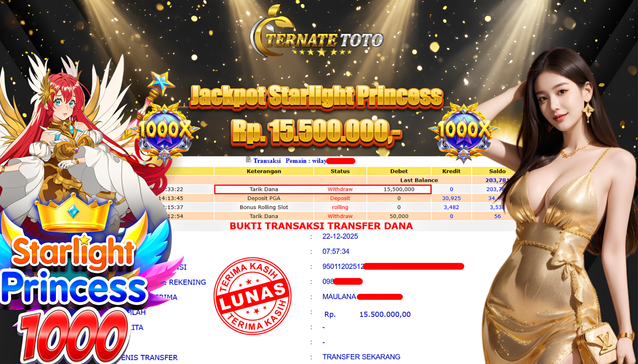 TERNATETOTO - JACKPOT STARLIGHT PRINCESS Rp. 15,500,000,-